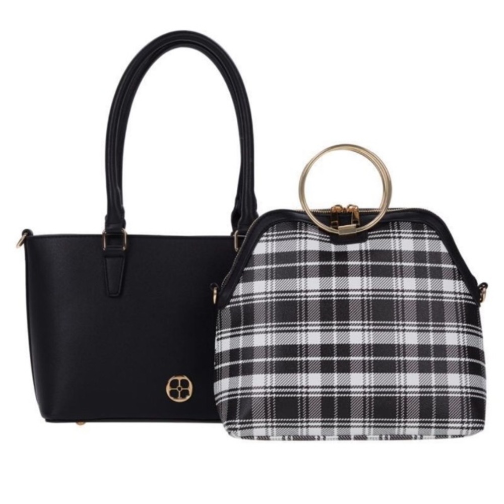 IMAN Global Chic 2-in-1 Tote/Crossbody-Black/Plaid NWT